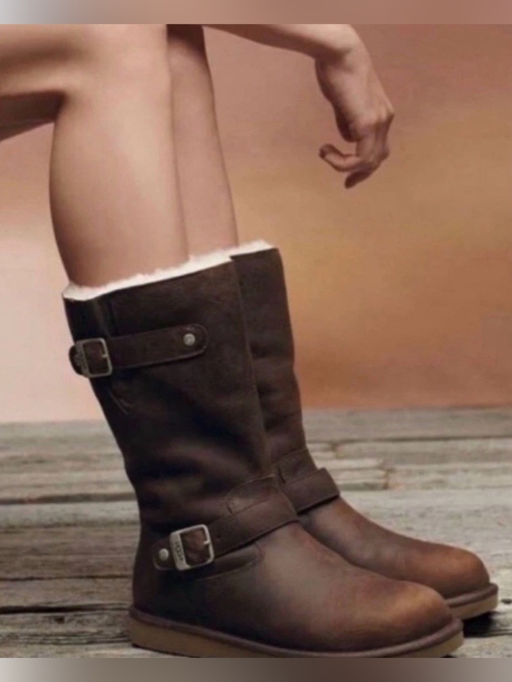 UGG 5678 Kensington Brown Leather Shearling Lined Buckle Moto Boots Women 8 Cozy